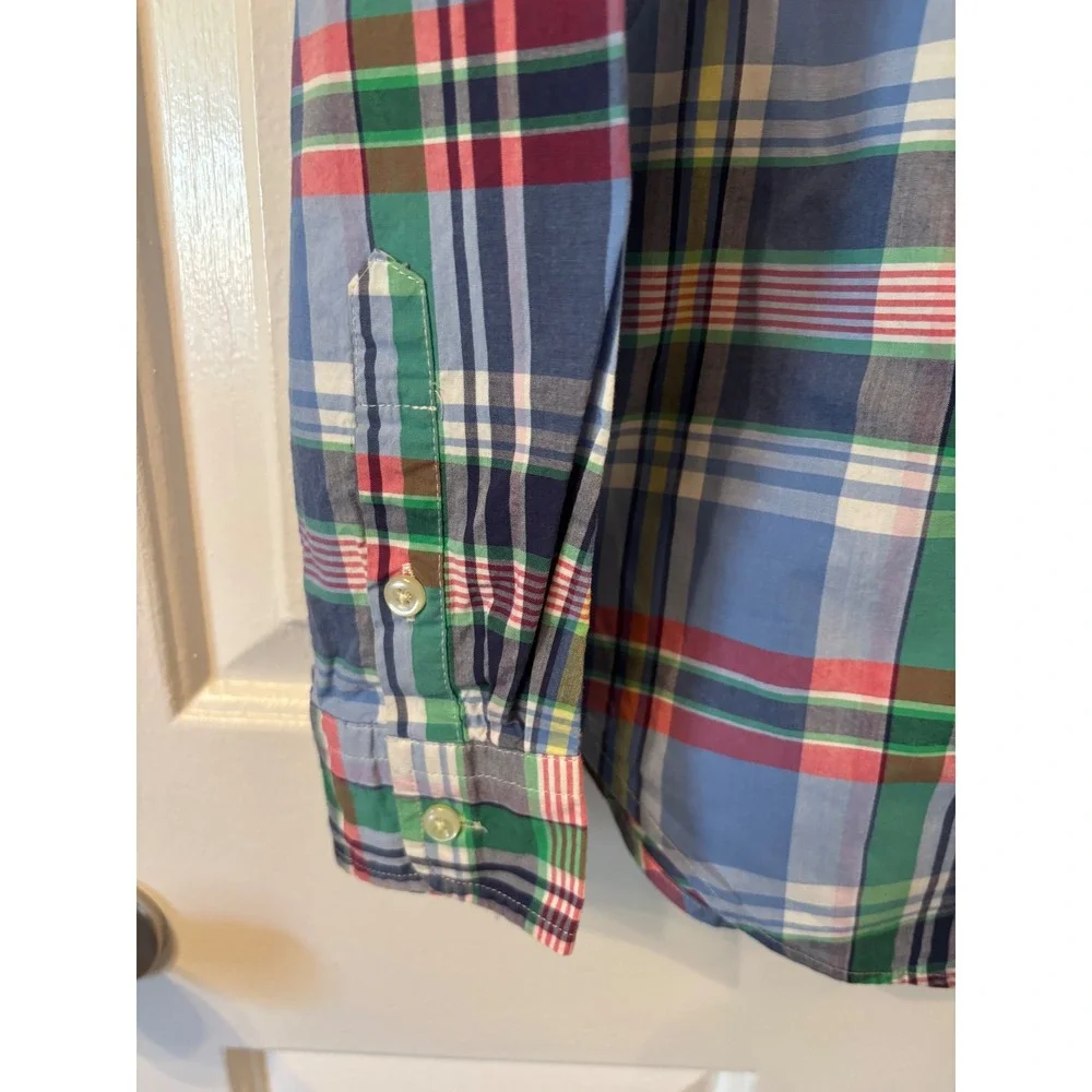 Ralph Lauren Boys Blue Green Plaid Button Down Shirt Size M 10-12 Cotton Pony